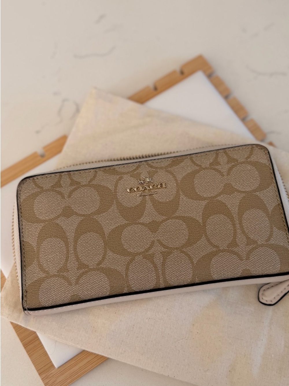 Coach Tan and Chalk Signature Zip Wallet with Gold Hardware